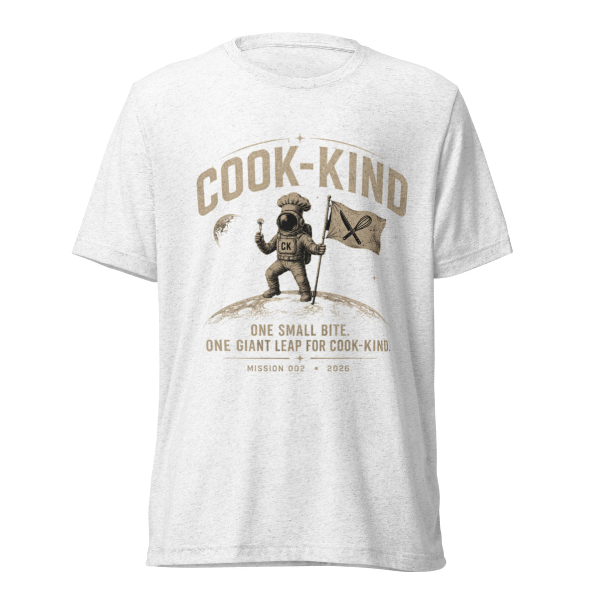 One Small Bite space-themed chef T-shirt with astronaut cook design